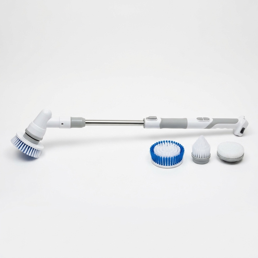 cordless electric spin scrubber with extension pole and interchangeable brush he